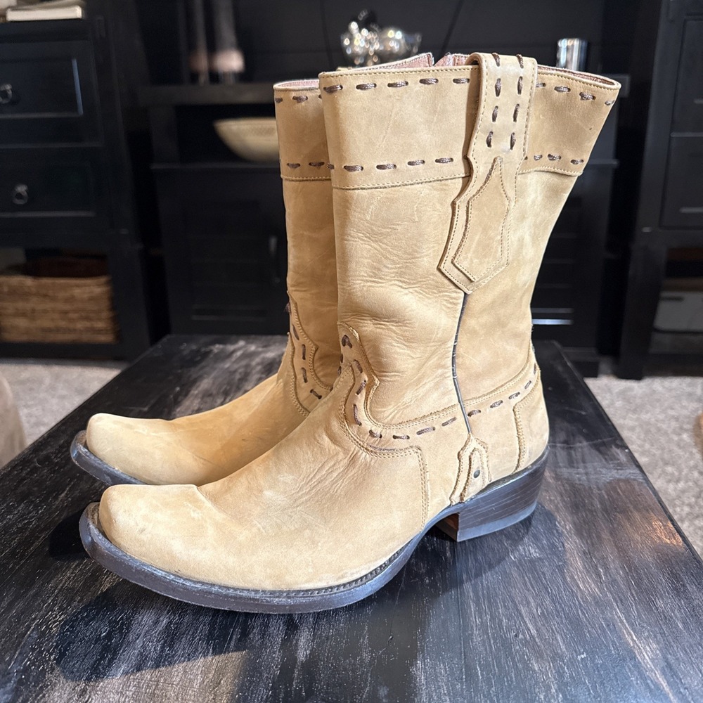 Cowboy Boots Leather Sand Zip Up Hombre Vaquero Ranch Men 8.5E 27.5E
